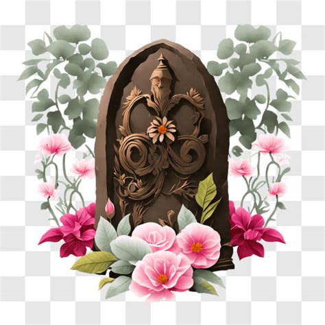 Descarga Hermosa estatua de piedra con flores rosas y vegetación PNG En