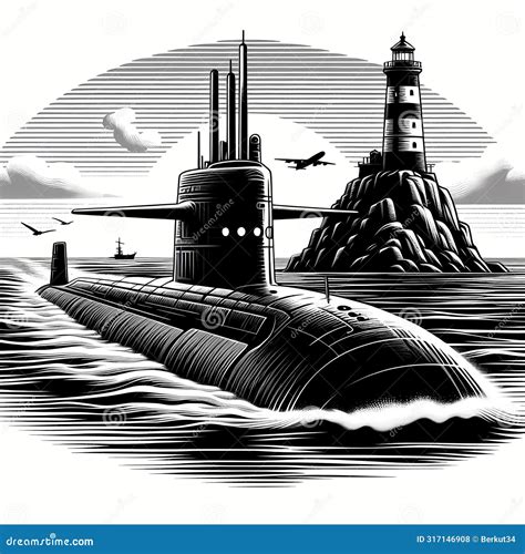 Black and White Drawing of a Nuclear Submarine Sailing Past an Island ...