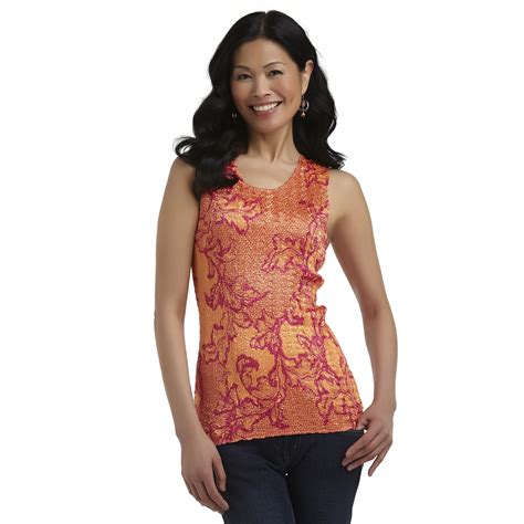 Jaclyn Smith Womens Satin Pucker Tank Top Scroll Print