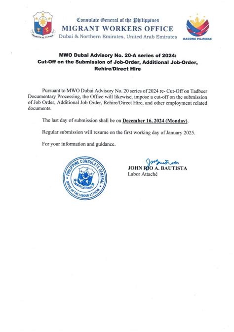 Mwo Dubai Advisory No A Series Of Cut Off On The Submission