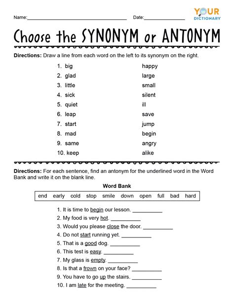 Grade Hl Worksheet On Synonyms And Antonyms