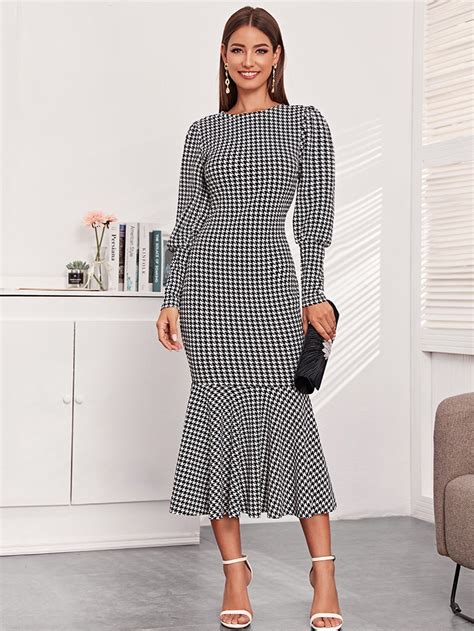 Blouson Sleeve Houndstooth Mermaid Dress Houndstooth Dress Womens