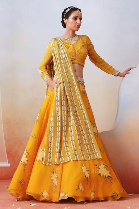 Buy Yellow Organza Printed Floral Round Lehenga Set For Women By Isha