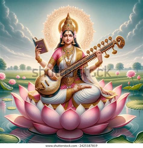 Goddess Saraswati Veena Books Sitting On AI-generated image 2425187819 ...