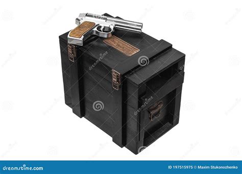 Silver Flare Gun On A Wooden Box Isolate On A White Background Signal