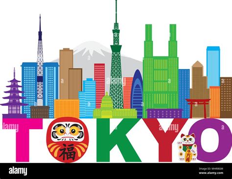 Tokyo Japan City Skyline Panorama Daruma Doll Maneki Neko Cat Text