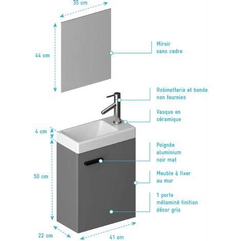 Ensemble Meuble Lave Mains Gris 41x50x22cm Miroir SMALLY GREY