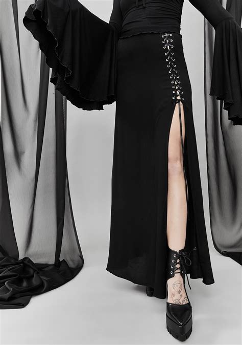 Widow Lace Up Slit Maxi Skirt Black Dolls Kill