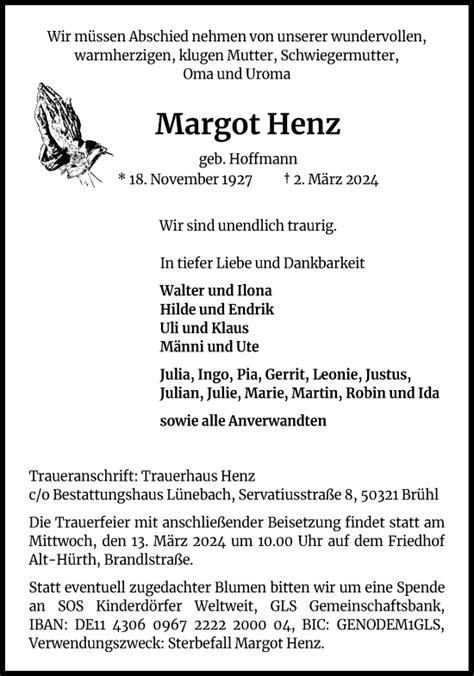 Traueranzeigen Von Margot Henz WirTrauern