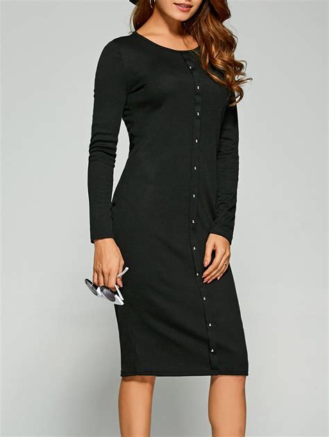 [17 Off] 2021 Long Sleeve Button Up Knit Sheath Dress In Black Dresslily