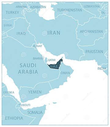 United Arab Emirates - Blue Map with Neighboring Countries and Names Stock Illustration ...