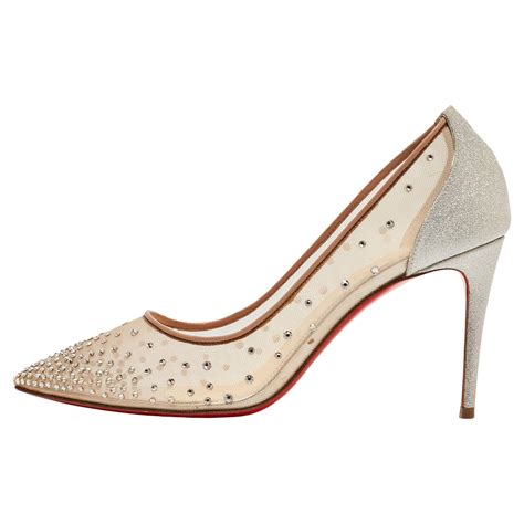 Christian Louboutin Beige Silver Mesh And Glitter Follies Strass Pumps Size 37 For Sale At 1stdibs