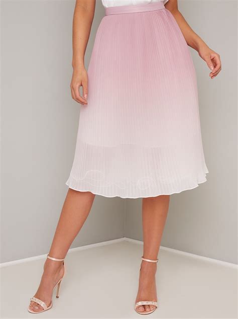 Ombre Pleated Midi Skirt In Light Pink Chi Chi London