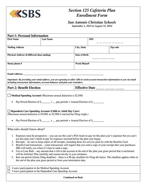 Fillable Online Section 125 Cafeteria Plan Enrollment Form