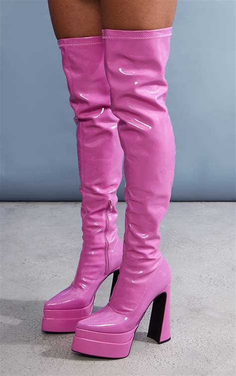 Hot Pink Pu Platform Heel Over The Knee Boots Prettylittlething Usa