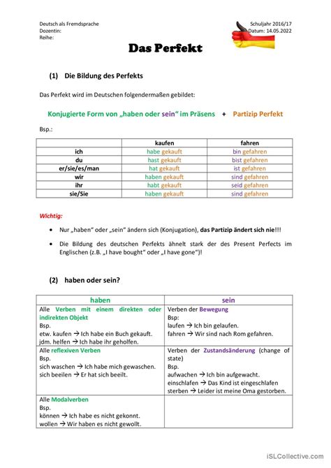 Das Perfekt Regelblat English ESL Worksheets Pdf Doc