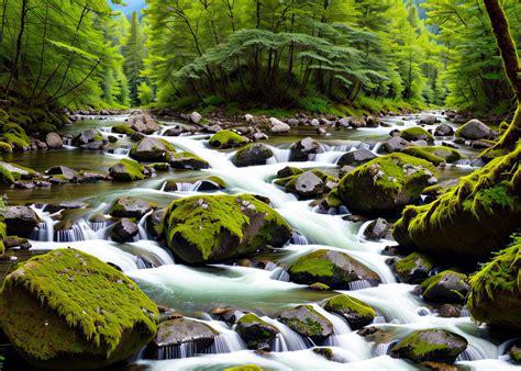 Natural Landscape With Waterfall Flowing Through The Forest Background