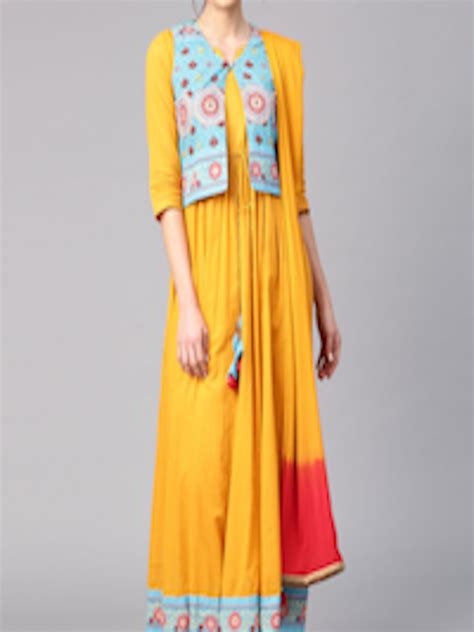 Buy Rain And Rainbow Women Mustard Yellow And Blue Solid Kurta With