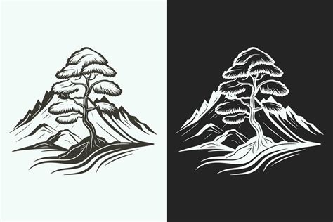 Mountain sketch, Outline Style black and white mountains and tree ...