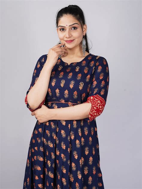 Buy Kalini Women Navy Blue And Red Ethnic Motifs Printed Anarkali Kurta