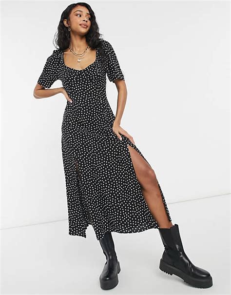 Asos Design Cupped Maxi Dress With Slits In Spot Print Asos