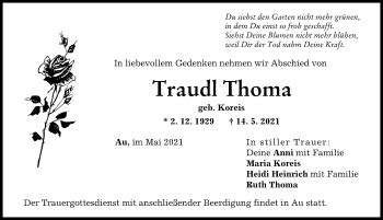 Traueranzeigen von Traudl Thoma Allgäuer Zeitung