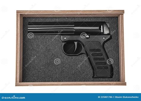 Black Signal Flare Gun In Wooden Box Isolated On White Stock Photo