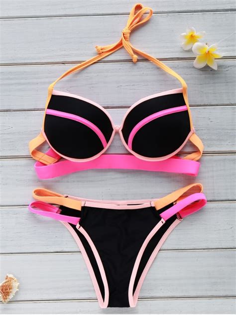 Off Color Block Underwire Halter Bikini Set In Black Zaful