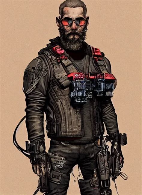 Krea Menacing Bearded Cyberpunk Mercenary In Tactical Harness And