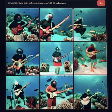 “Jerry Garcia playing guitar underwater in a coral reef with fish and ...