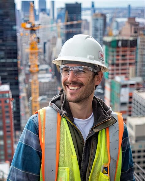 Premium Photo | Construction Worker Smiling on Rooftop with City Skyline