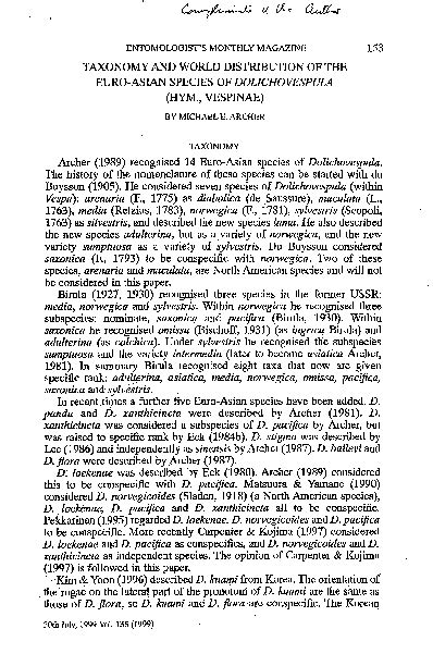 (PDF) Taxonomy and world distribution of the Euro-Asian species of Dolichovespula (Hym ...