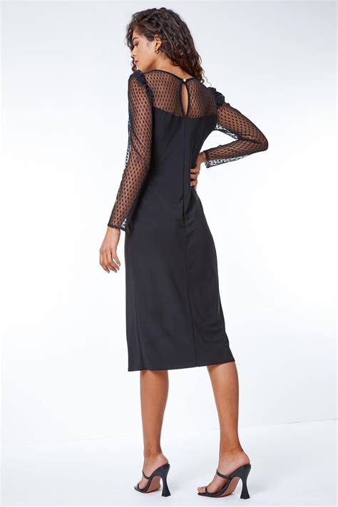 Spot Mesh Puff Sleeve Ruched Midi Dress In Black Roman Originals Uk