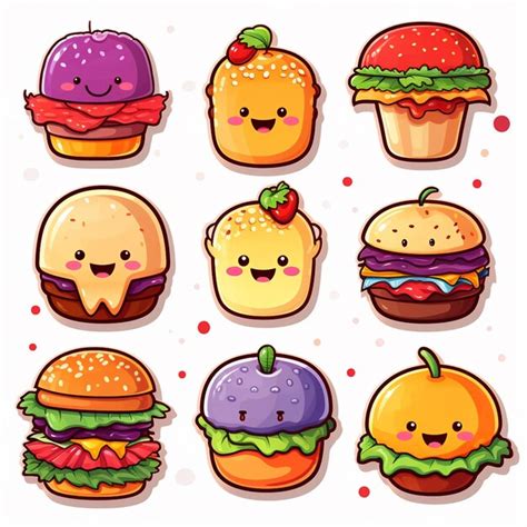 Premium Photo Cartoon Fast Food Icon Set With Hamburger And Cheeseburger