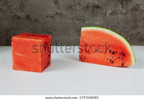 Cubeshaped Watermelon On White Grey Concrete Stock Photo 1797048985 ...