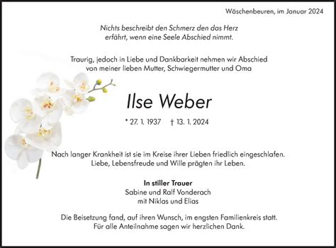 Traueranzeigen von Ilse Weber Südwest Presse Trauer