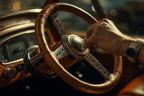 Premium AI Image | steering wheel of a car with a wooden steering wheel.