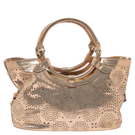 Jimmy Choo Metallic Rose Gold Leather Laser Cut Ring Handle Tote Jimmy