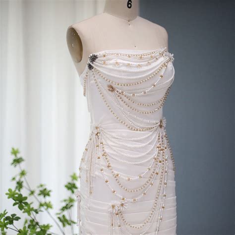 White and Gold Pearl Draped Strapless Mini Dress | Gold dress short