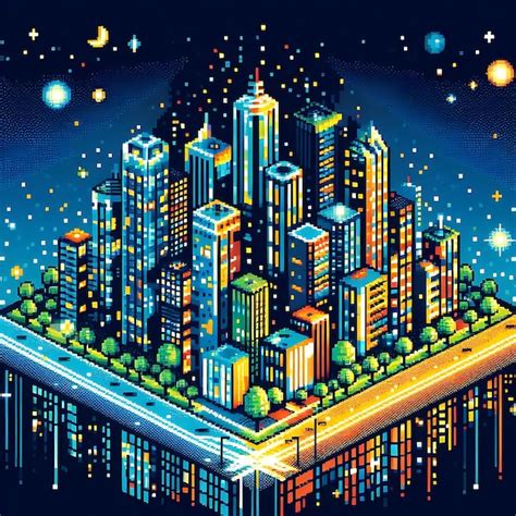 Vibrant Futuristic Pixel Art Cityscape At Night With Animated Neon Elements And Digital Energy