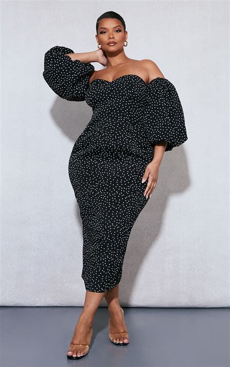 Plus Black Polka Dot Bandeau Midi Dress Plus Size Prettylittlething Usa