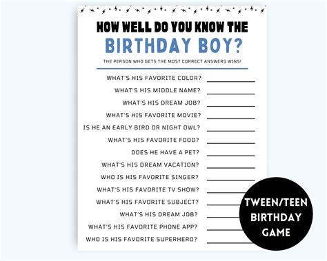 How Well Do You Know The Birthday Boy Game Teen Birthday Games Tween