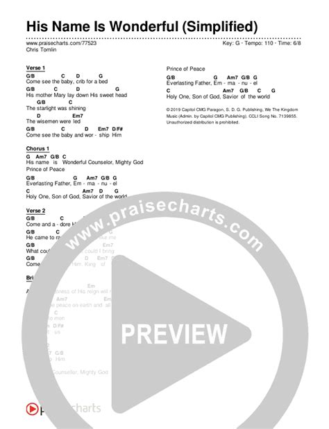 His Name Is Wonderful (Simplified) Chords PDF (Chris Tomlin) - PraiseCharts