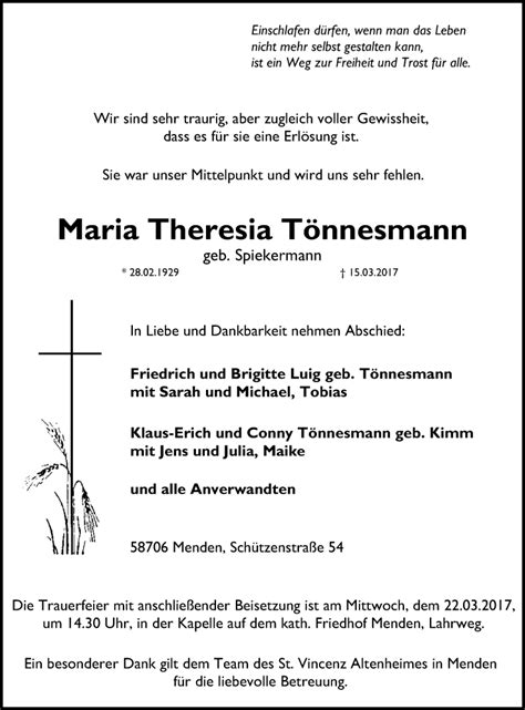 Traueranzeigen von Maria Theresia Tönnesmann Trauer in NRW de