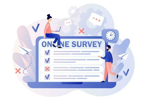 Online Survey Concept Tiny People Filling Online Survey Form On Laptop