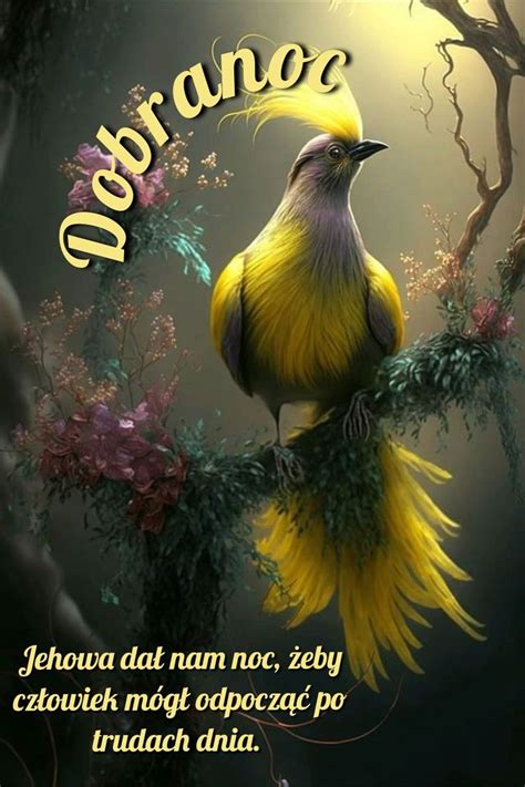 A Yellow Bird Sitting On Top Of A Tree Branch With The Words Dobranoc