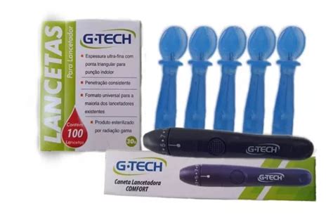 Kit Lancetas Glicose E Caneta Lancetadora G Tech Cor Azul