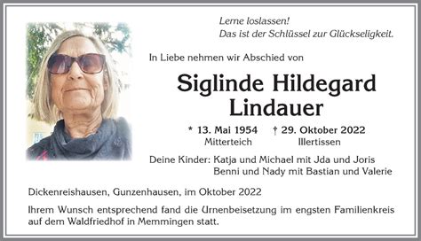 Traueranzeigen Von Siglinde Hildegard Lindauer Augsburger Allgemeine