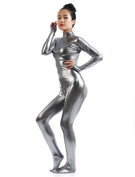 Gray Shiny Metallic Cosplay Zentai Suit For Women Halloween Milanoo