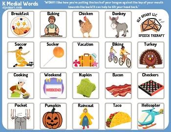 K Medial Words Articulation Therapy Freebie Print Go Tpt